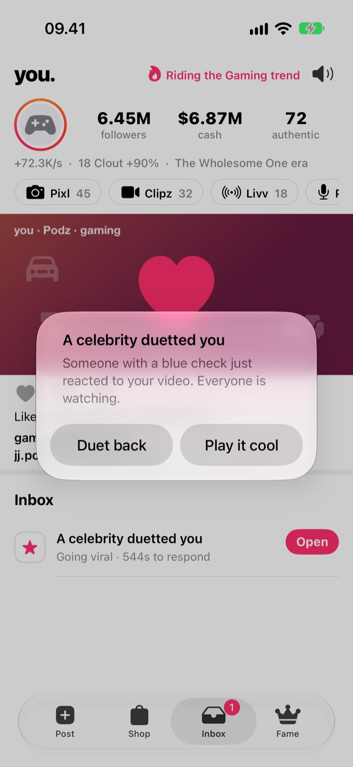 An event: A celebrity duetted you, with Duet back and Play it cool choices