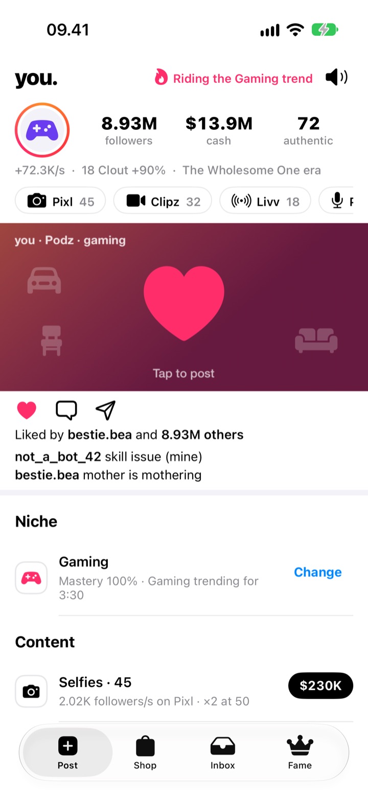 The main screen: 9.54 million followers, a trending gaming niche and fan comments floating around a controller