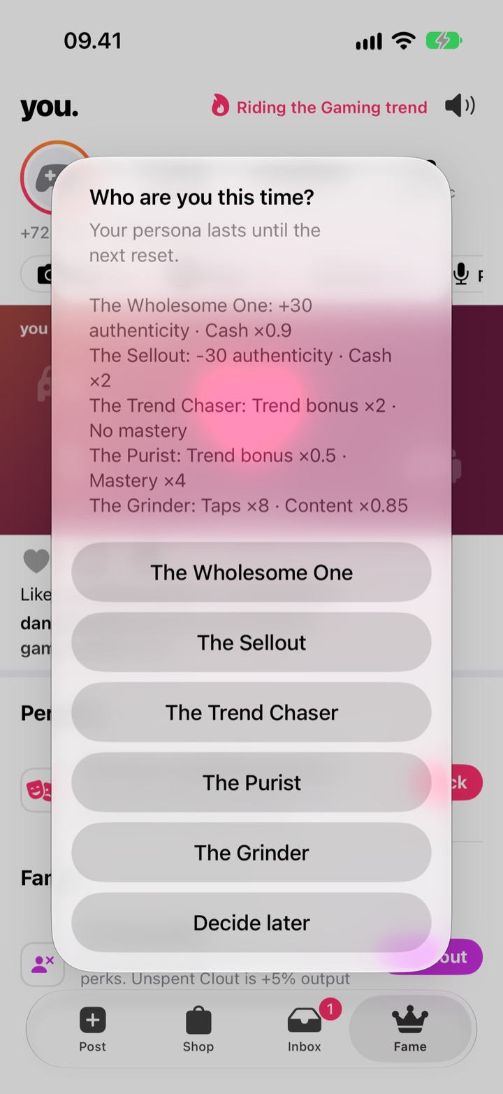 The persona picker listing The Wholesome One, The Sellout, The Trend Chaser, The Purist and The Grinder